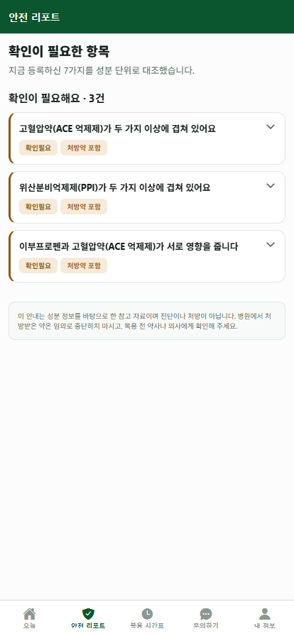 D-AaiD 앱의 안전 리포트 화면. 겹치는 성분과 확인이 필요한 조합을 정리해 보여준다.